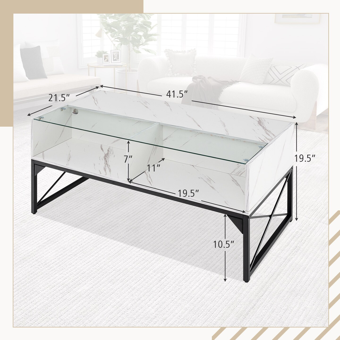 Center Table with Faux Marble and Tempered Glass Top