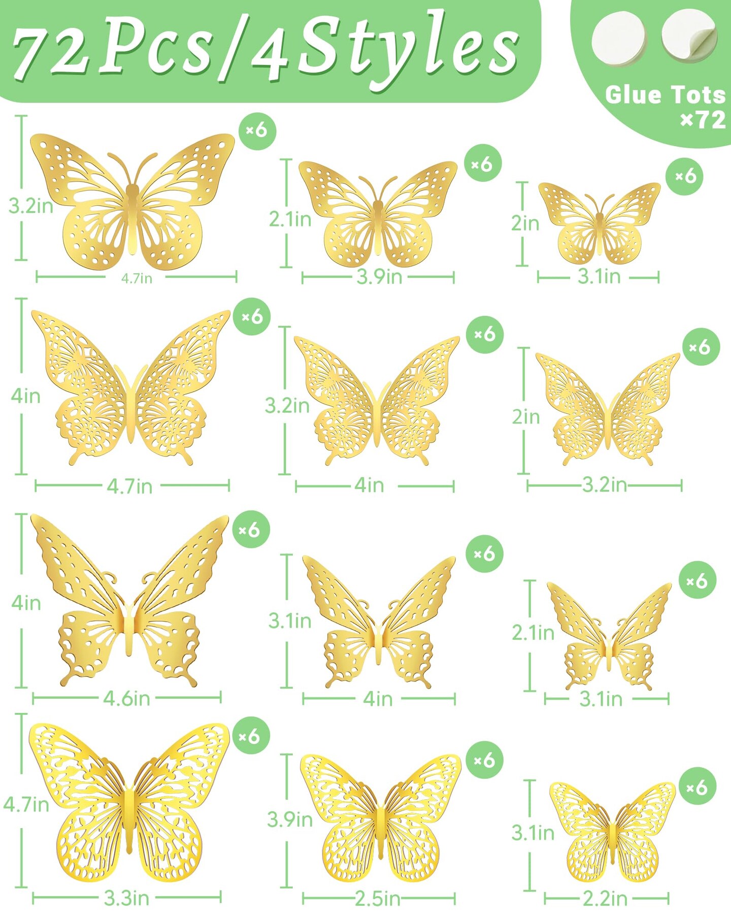 72Pcs 3D Butterfly Wall Decor, Gold Butterfly Fathers Day Decorations, 4 Styles 3 Sizes Removable Butterfly Room Decor Butterfly Wall Stickers for Birthday Party Garden Tea Cake Flower Decorations