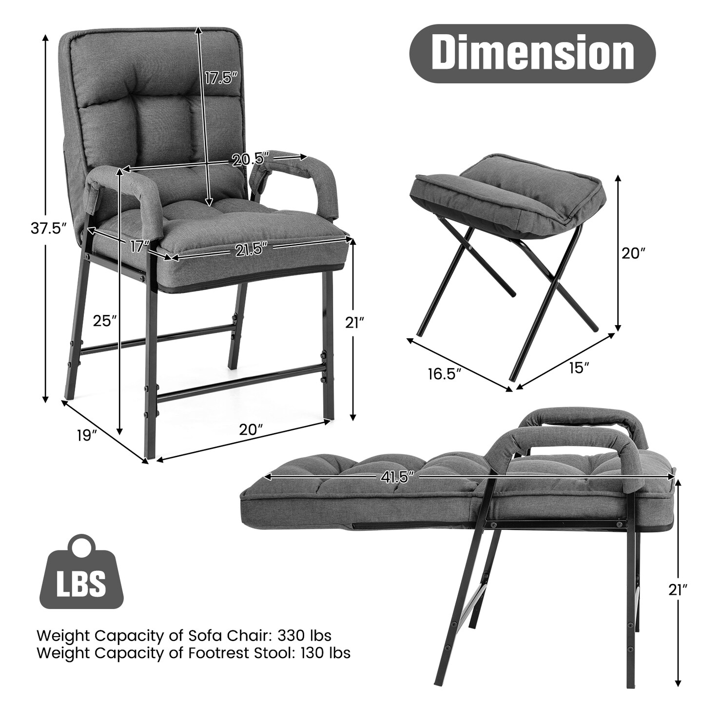 Linen Fabric Modern Accent Chair with Ottoman and Adjustable Backrest