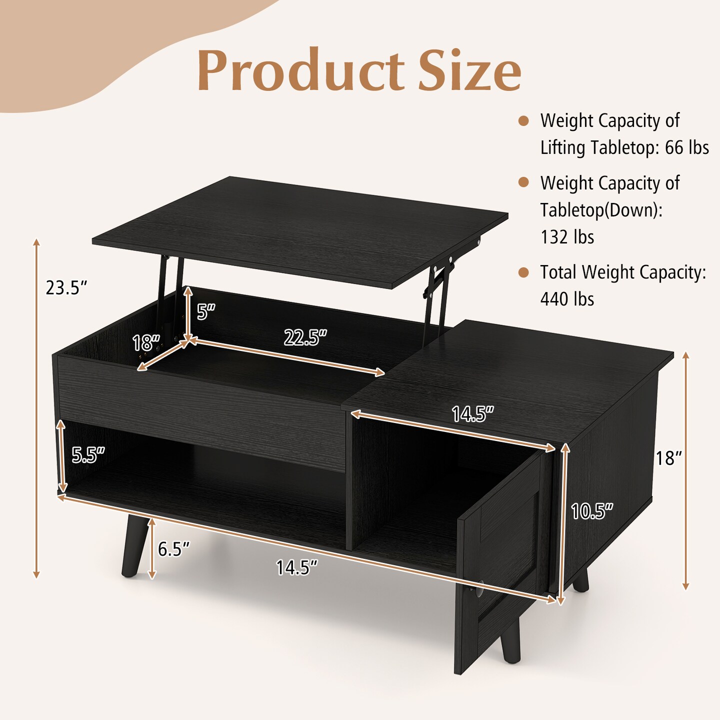 Modern Lift-Top Coffee Table with Hidden Compartment Open Shelf and Side Cabinet Wood Finish