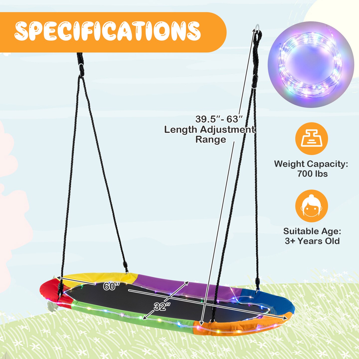 60-Inch Saucer Swing with LED Lights, Multicolor Swing for Kids and Adults - 60&#x22; x 32&#x22;(L x W)