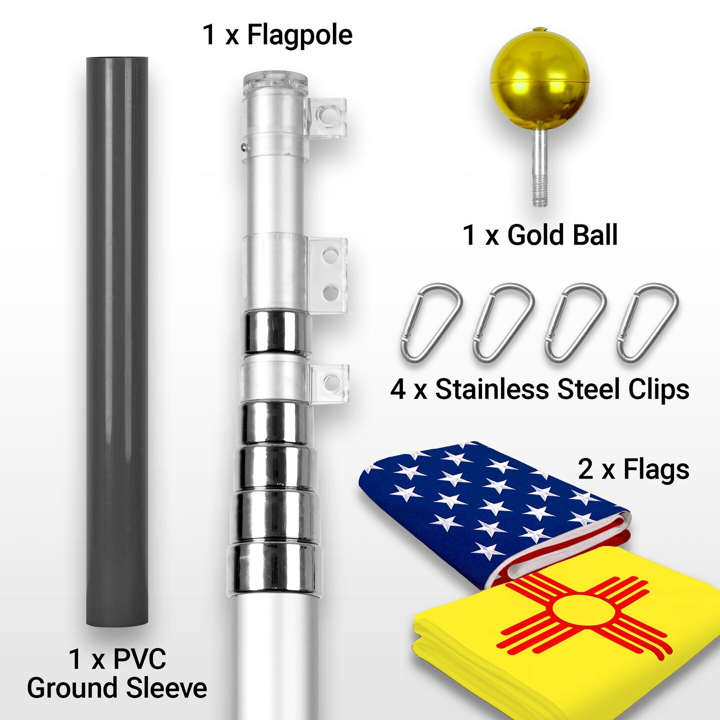 G128 Combo Pack: 20 Ft Telescoping Aluminum Flagpole (Silver) &#x26; American and New Mexico Flags 3x5 Ft, Both ToughWeave Series Embroidered Polyester | Pole with Flags Included