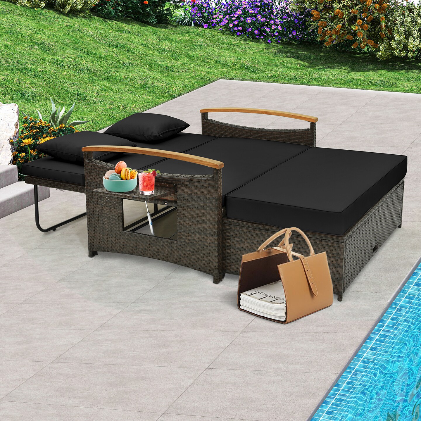 Outdoor Wicker Daybed with Folding Panels and Storage Ottoman