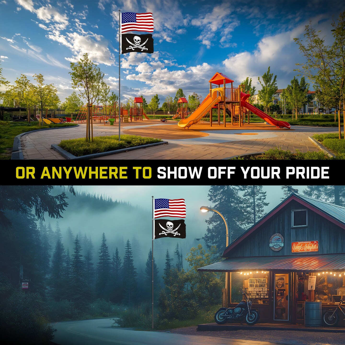 G128 Combo Pack: 20 Ft Telescoping Aluminum Flagpole (Black) & American and Pirate Jolly Roger Swords Flags 3x5 Ft, Both ToughWeave Series Embroidered Polyester | Pole with Flags Included