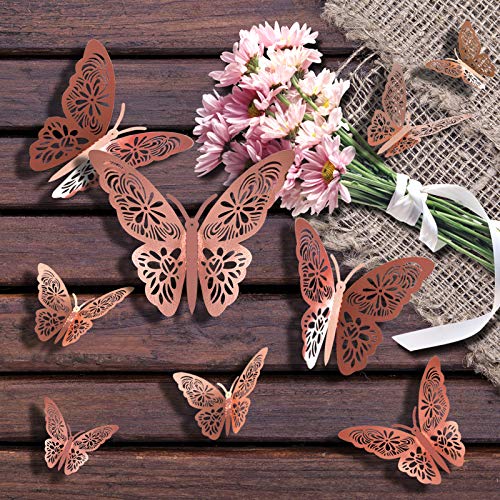 FOMTOR 3D Butterfly Wall Stickers Rose Gold Butterfly Decorations for Home Decor Cake Decorations Room Decorations Party Wedding Decor (24 Pcs)