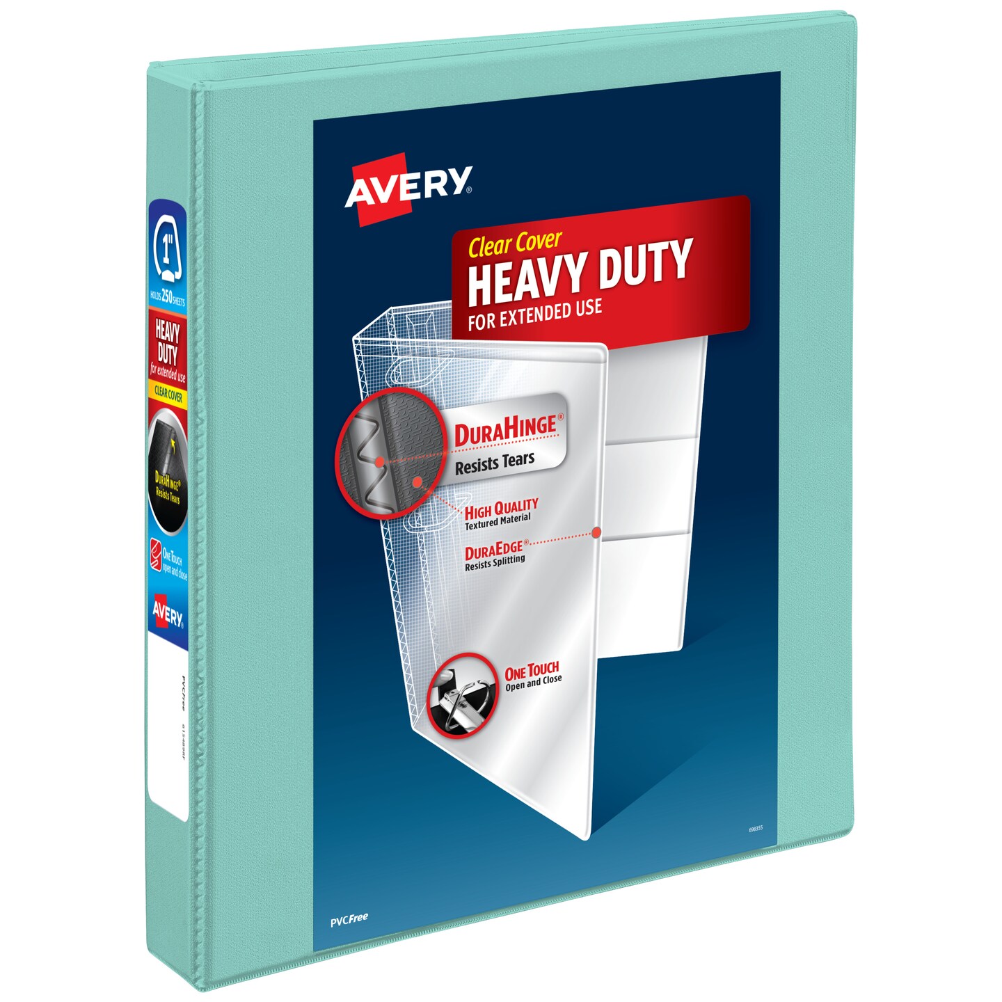 Avery Heavy-Duty View 3 Ring Binder, 1 Inch One Touch Slant Rings, 250-Sheet Capacity, DuraHinge, 1.4 Inch Wide Spine, Customizable Clear Cover and Spine, 1 Bright Mint Green Binder (79270)