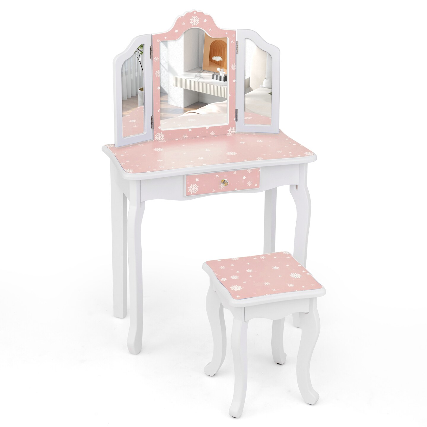 Pretend Play Princess Makeup Table and Stool with Adjustable Tri-Folding Mirror