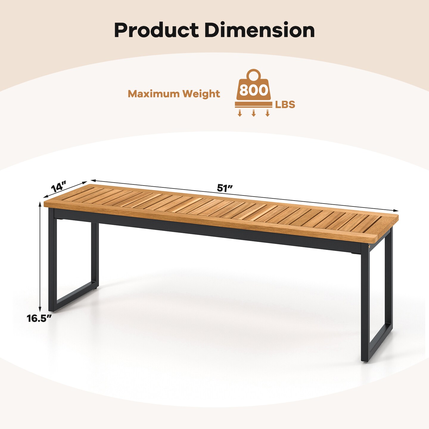 Patio Dining Bench Backless with Slatted Seat and Metal Legs - Multi
