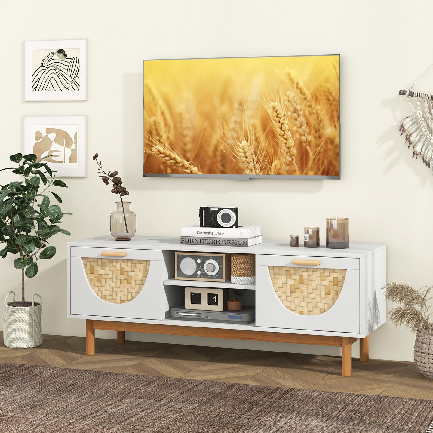 Mid Century Modern TV Stand Entertainment Center for 55-Inch TV with 2 Drawers and Wicker Woven Fronts-White