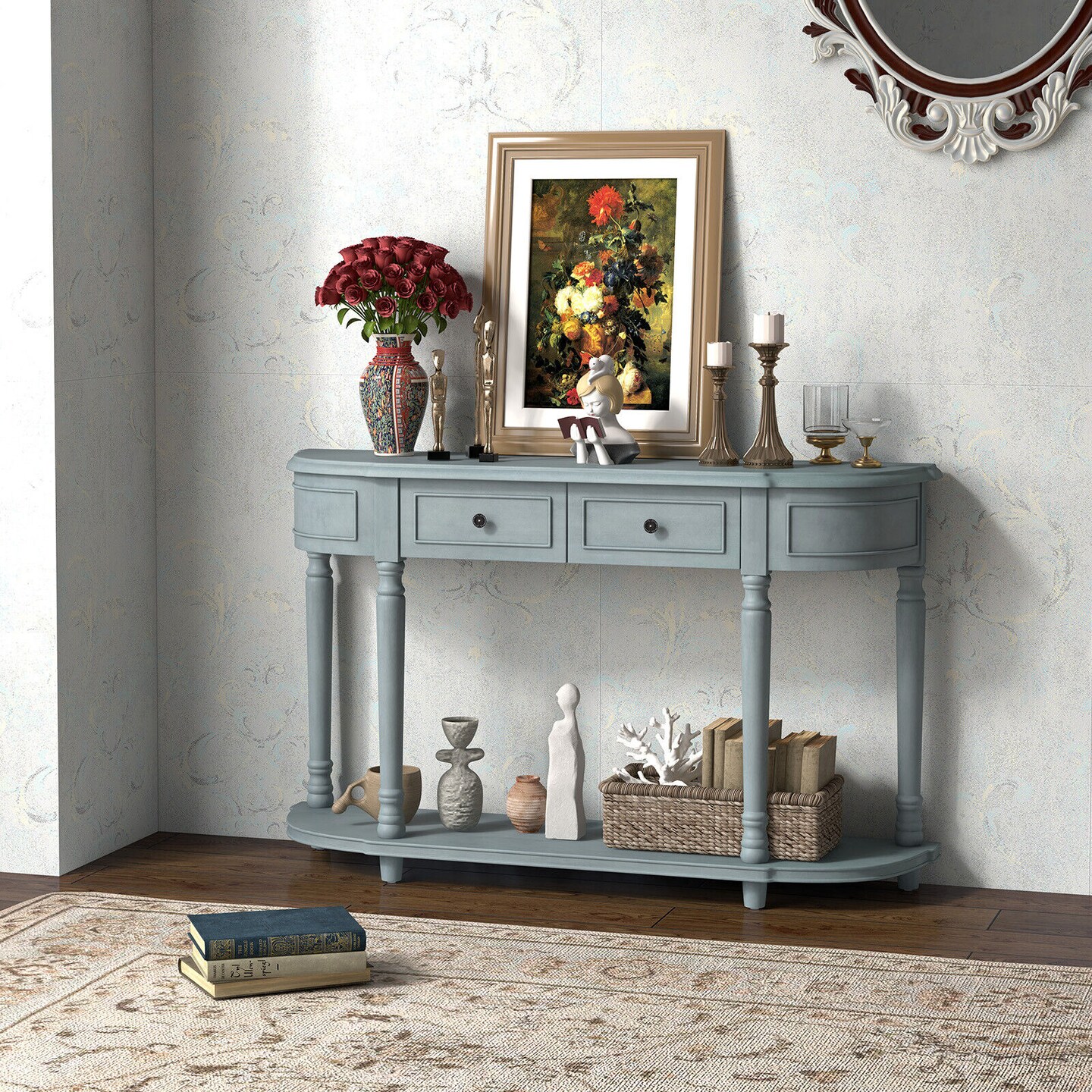 52&#x22; Retro Console Table with 2 Drawers and Open Shelf Entryway Sofa Table-Blue
