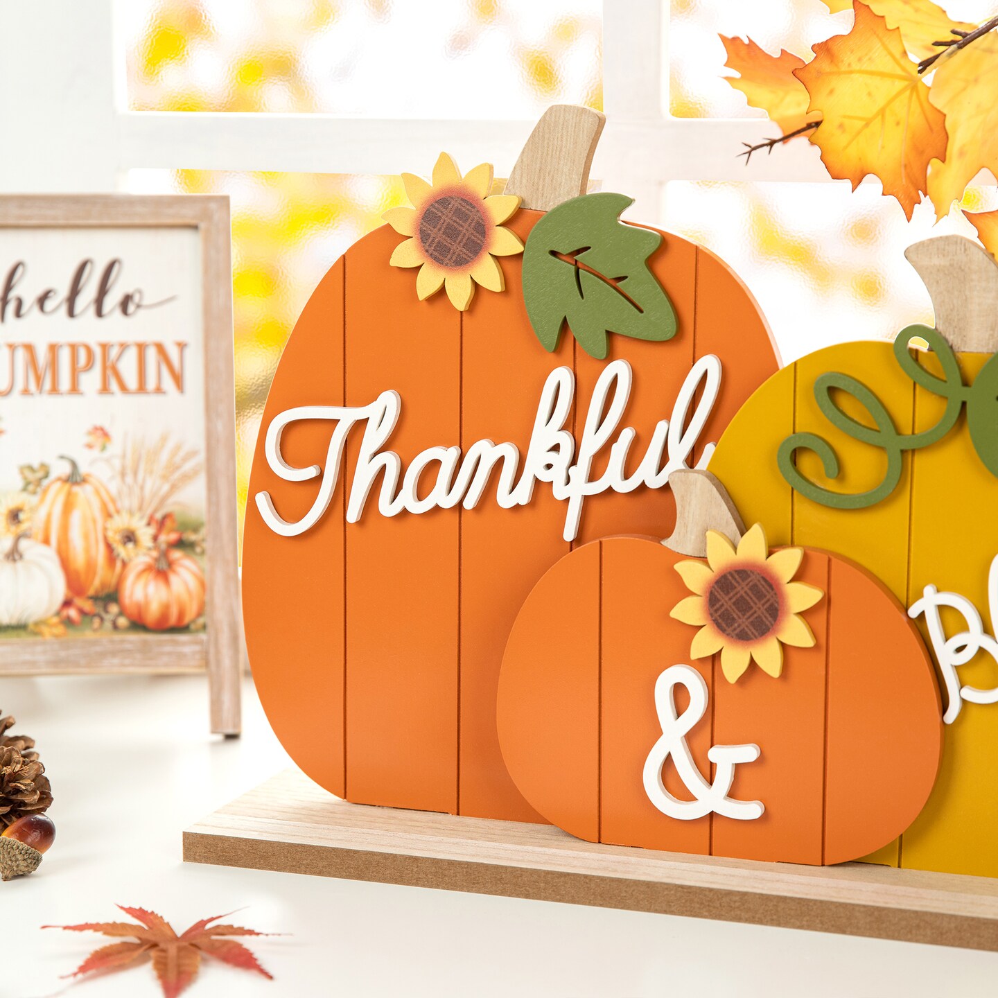 16&#x22;L Thanksgiving Wooden Pumpkins Table Decor