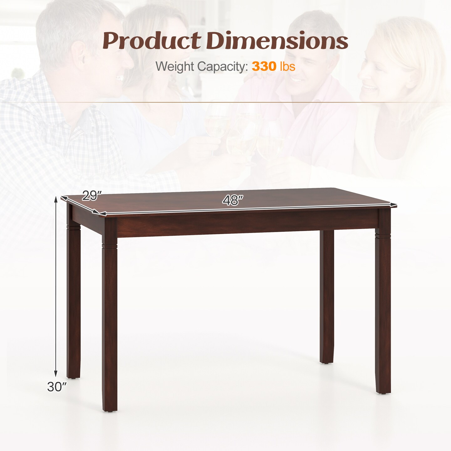 48-Inch Wooden Dining Table for 4 People Rectangular Kitchen Table with Rubber Wood Legs