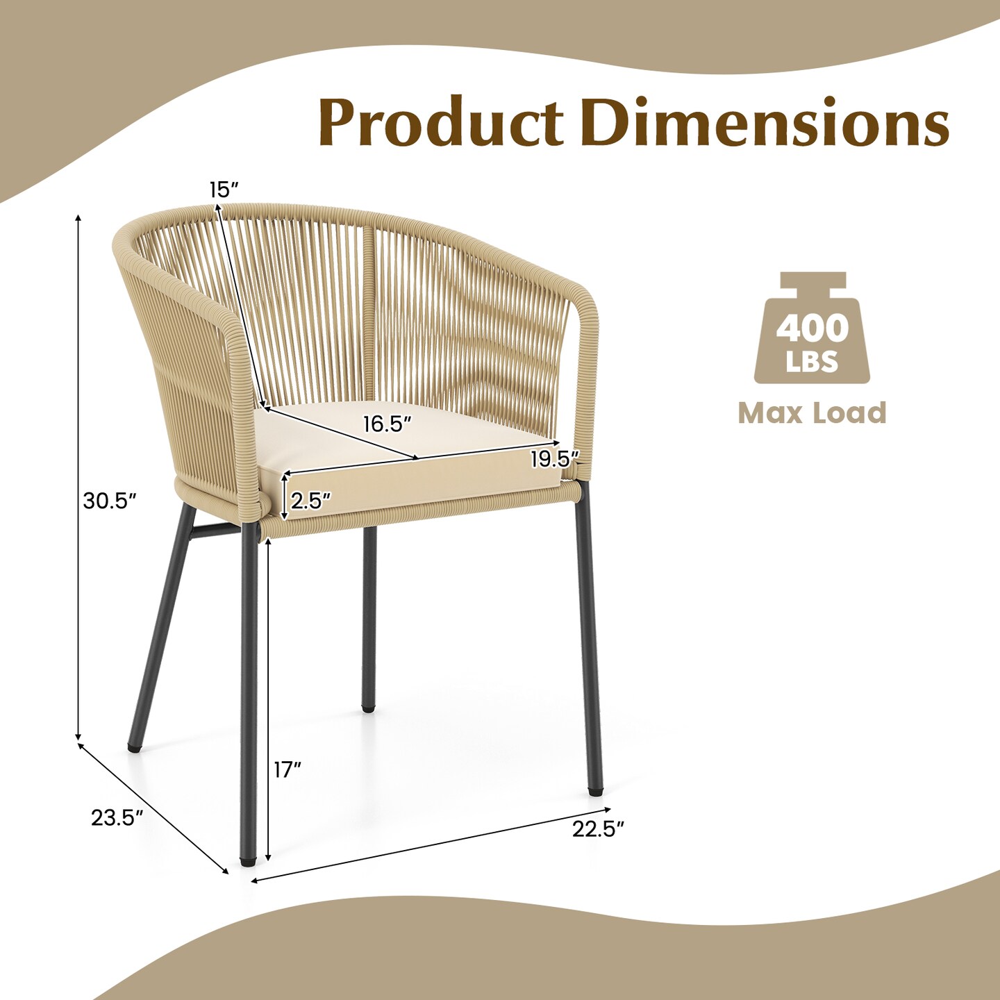 Patio Chair Metal Frame Cushioned Seat Ergonomic Backrest Outdoor Beige