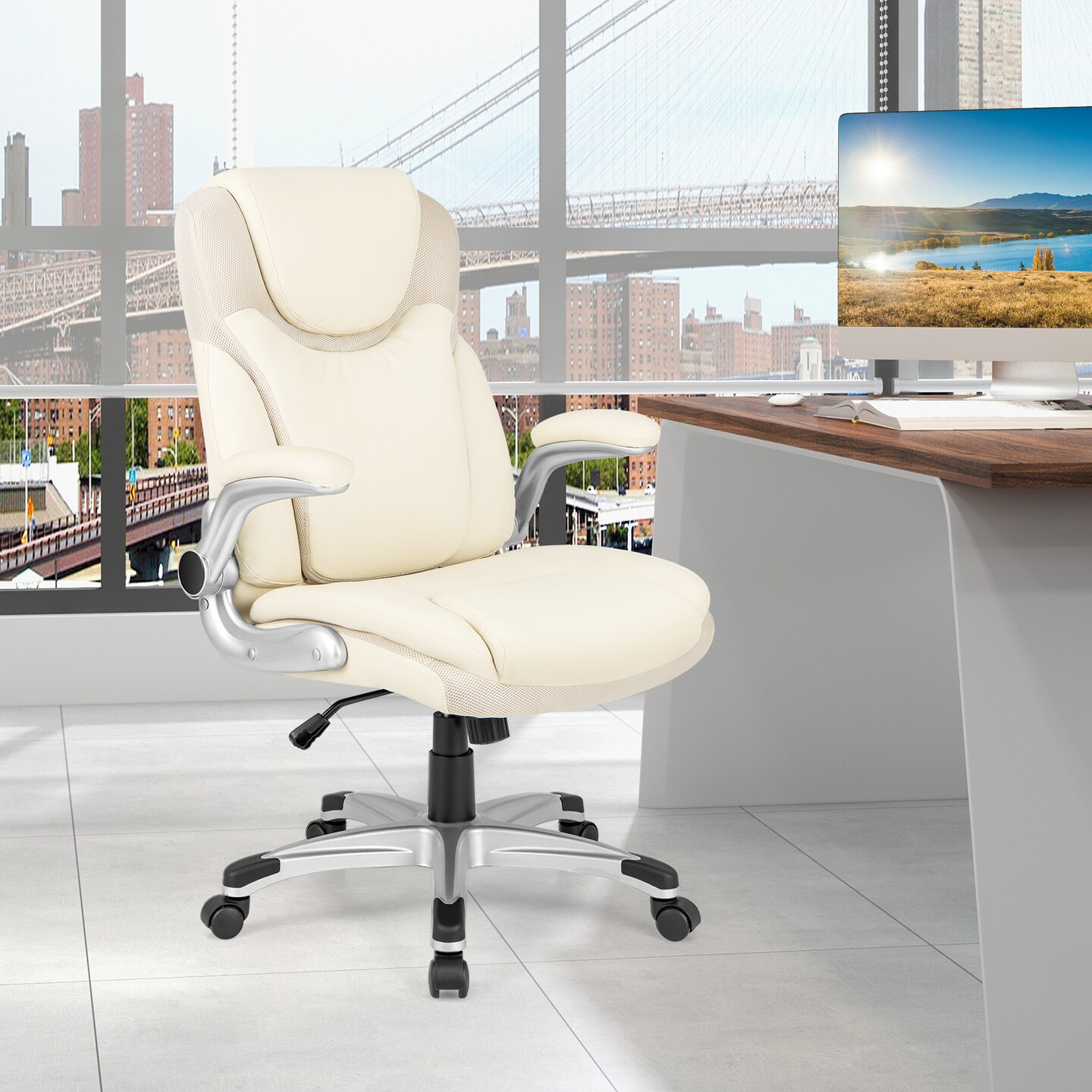 Ergonomic Office PU Leather Executive Chair with Flip-up Armrests and Rocking Function