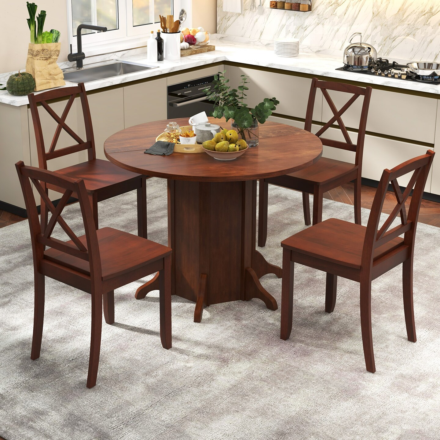 Round Dining Table with Pedestal Base for 4-6 People-Walnut - Walnut