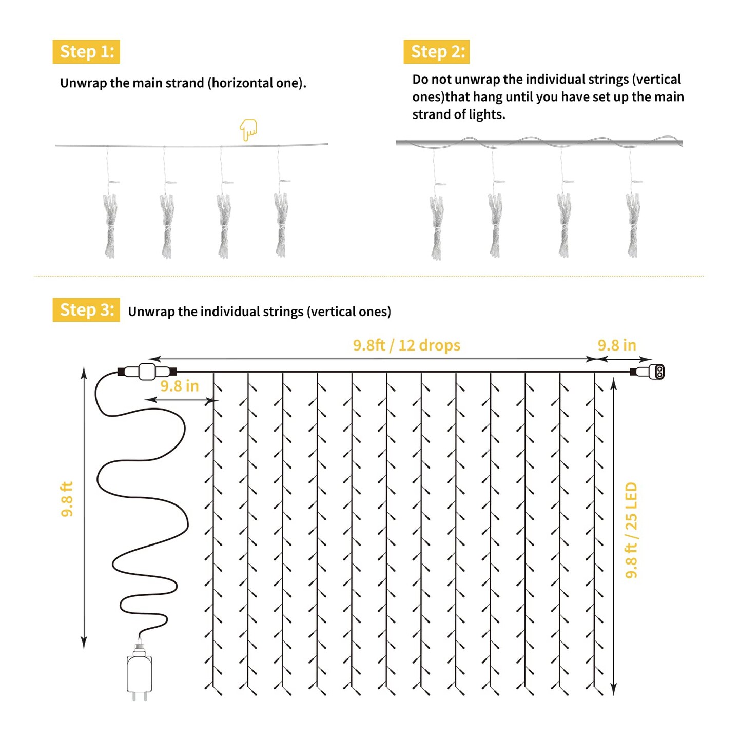 Brightown 300 LED Curtain String Lights, 9.8 FT Hanging Fairy Lights with Remote, 8 Modes, Connectable Waterproof Window Lights for Bedroom Backdrop Wedding Outdoor Christmas Party, Warm White