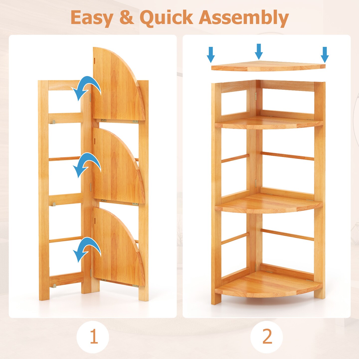 4-Tier Corner Shelf with Rubber Wood Frame and Anti-Toppling Kit - 12&#x22; x 12&#x22; x 34&#x22; (L x W x H)