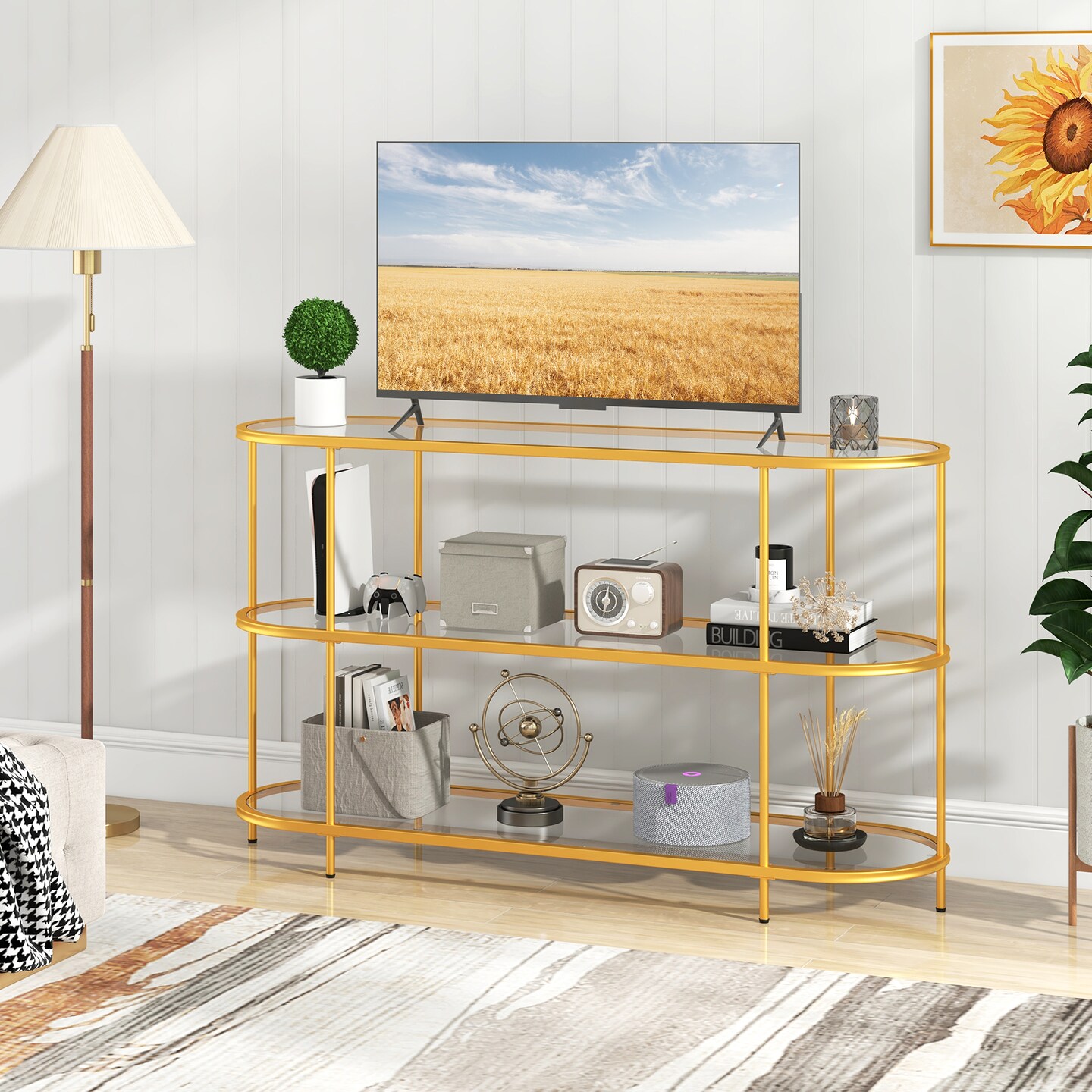 3 Tier TV Stand Console Table with Tempered Glass Shelves for Living Room-Golden