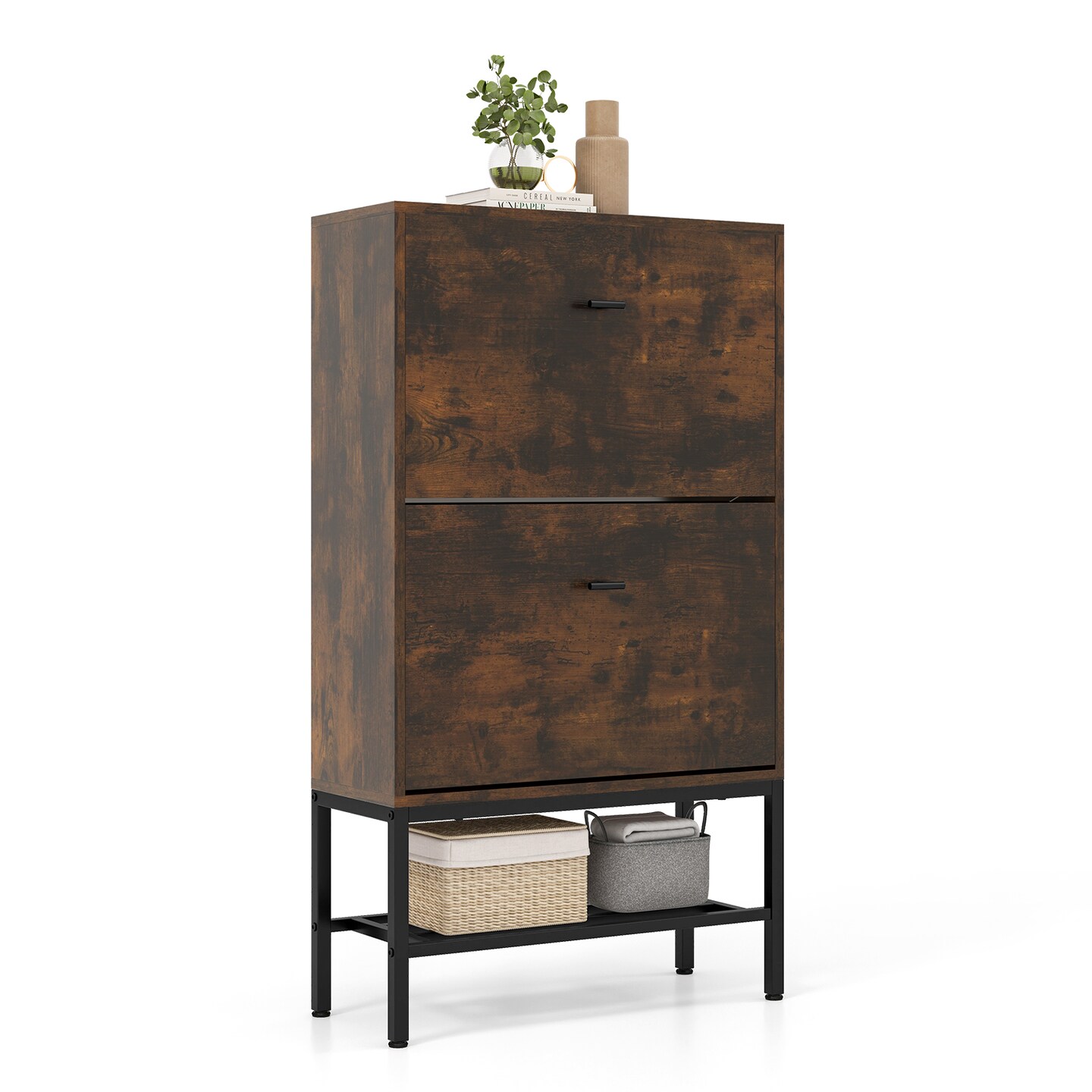 Industrial Shoe Storage Cabinet with 2 Flip Drawers and 1 Bottom Metal Shelf - 23.5 x 9.5 x 42 inch (L x W x H)