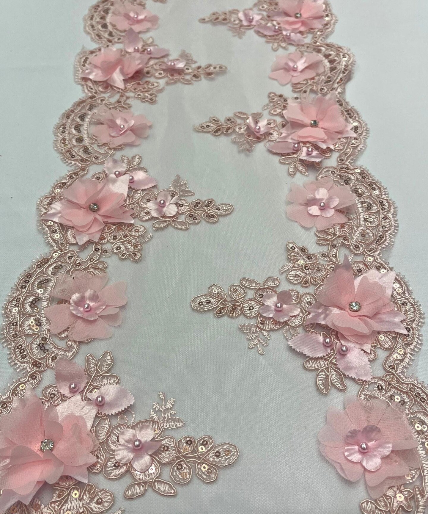 Blush 3D Wide Floral Sequin & Mesh with Pearls Lace Trim for Table Runner 22"