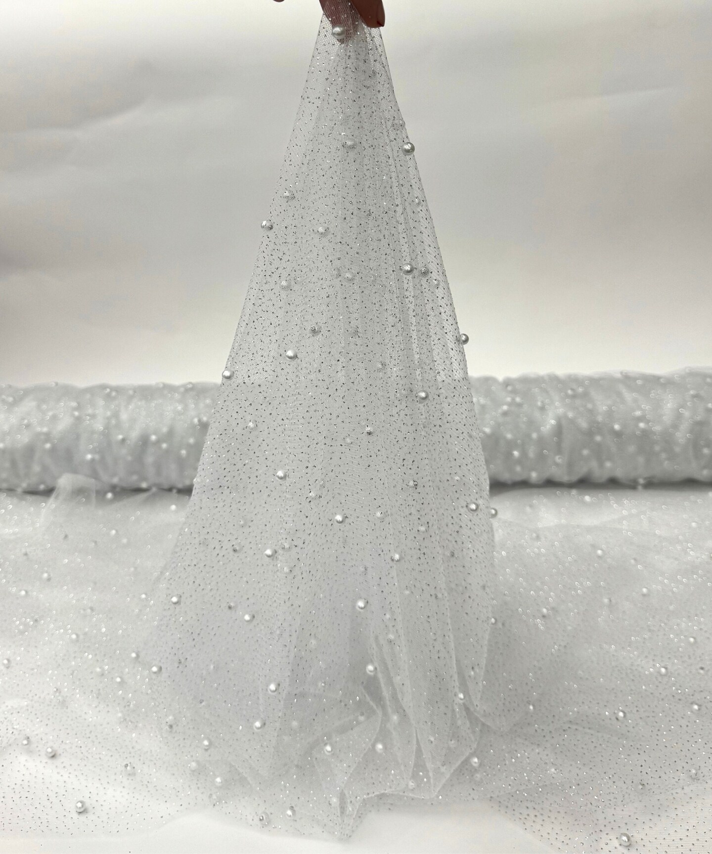 Off White Pearl Tulle Fabric by the Yard, 60" Wide Soft Pearl Scattered Mesh