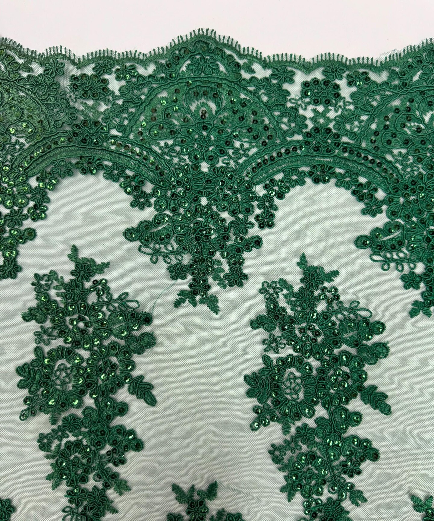 Hunter Green Embroidered Lace Table Runner by the Yard, 20" Wide Sequin Mesh Lace Trim with Scalloped Edges