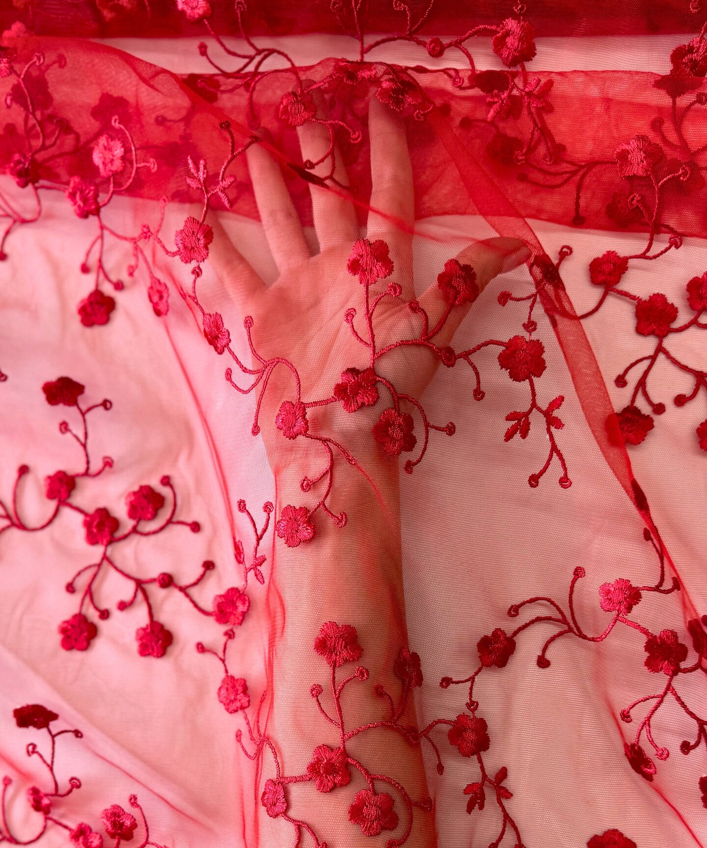 Red Sequin Embroidered Lace Fabric by the Yard, 54" Wide Floral Mesh Lace with Double Scalloped Edges