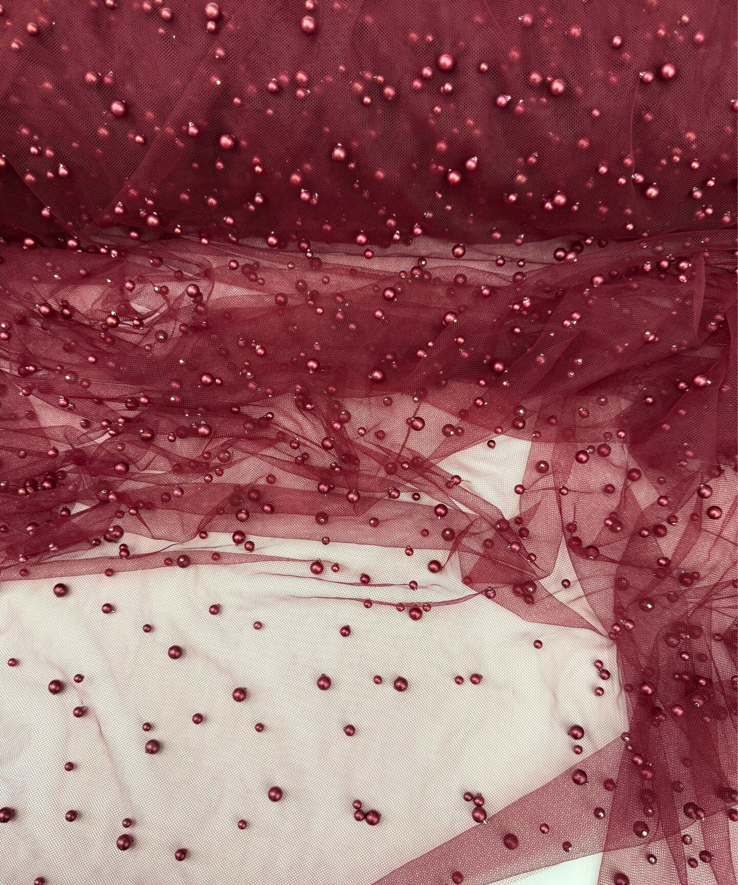 Burgundy Pearl Tulle Fabric by the Yard, 60" Wide Soft Pearl Scattered Mesh