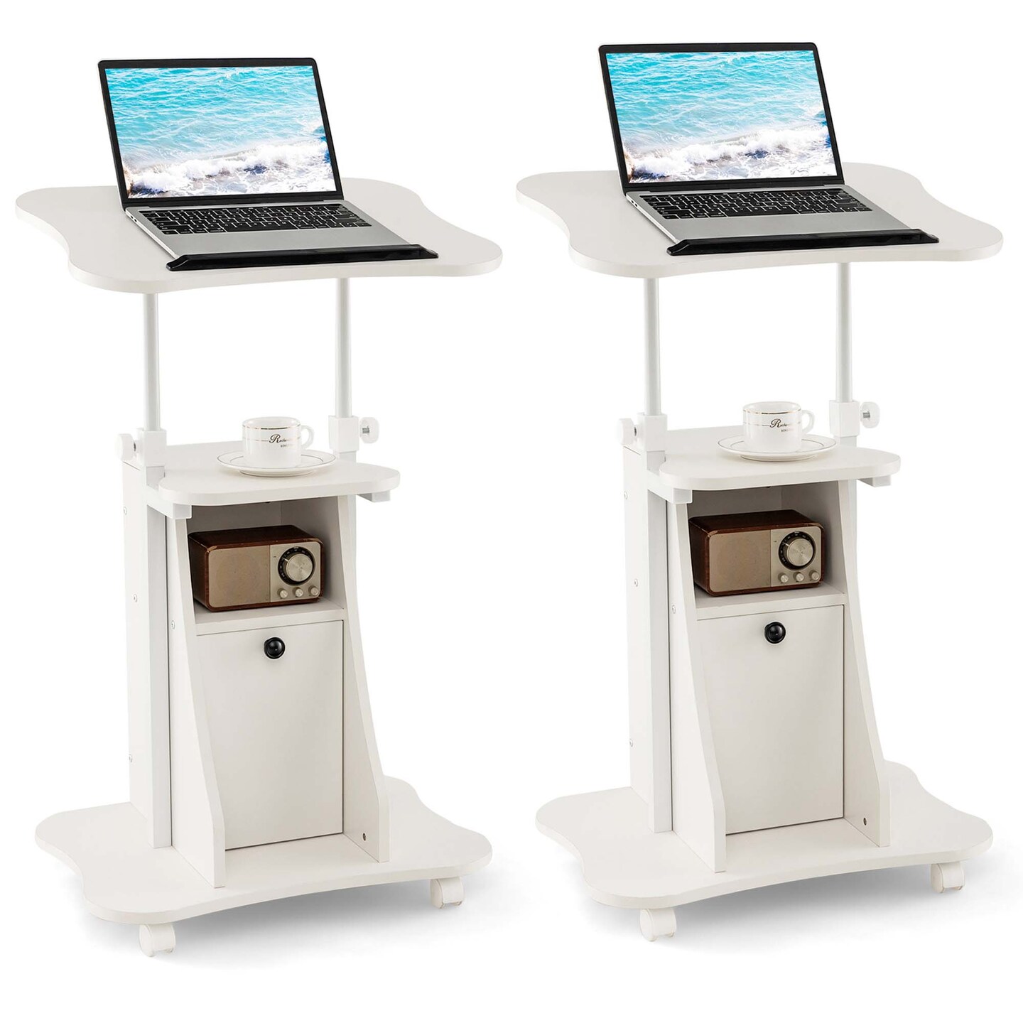 Costway 2 PCS Mobile Podium Stand Office Laptop Cart with Storage Adjustable Height White/Black