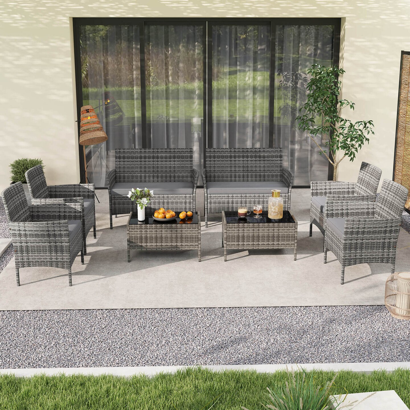 Costway 8 PCS Patio Furniture Set with Washable Cushions and Tempered Glass Coffee Table