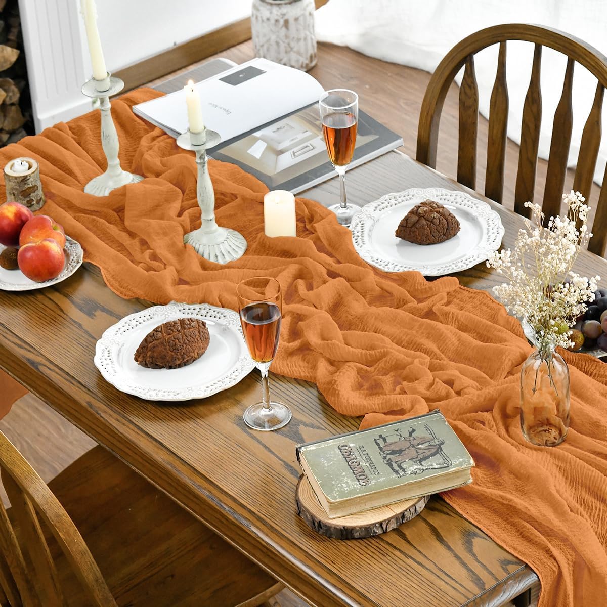 120 Inch - Boho Cheesecloth Gauze Orange Wedding Table Runner