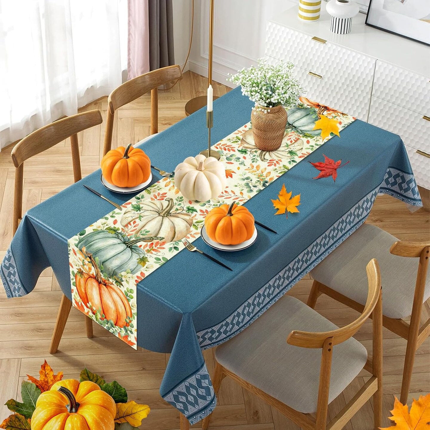 Pumpkin Eucalyptus Leaves Fall Table Runner