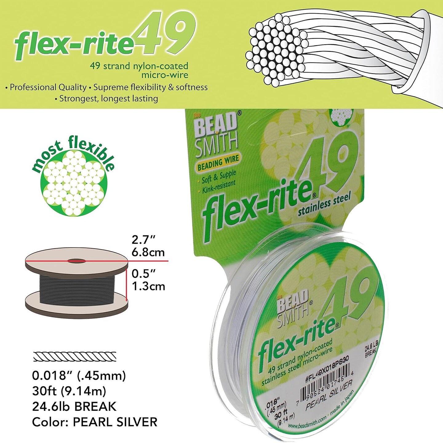 The Beadsmith Flex-Rite 49 Strand Nylon Coated, Stainless-Steel Beading Wire, Jewelry Making Supply (.018 Dia, Pearl Silver - 30 Ft)