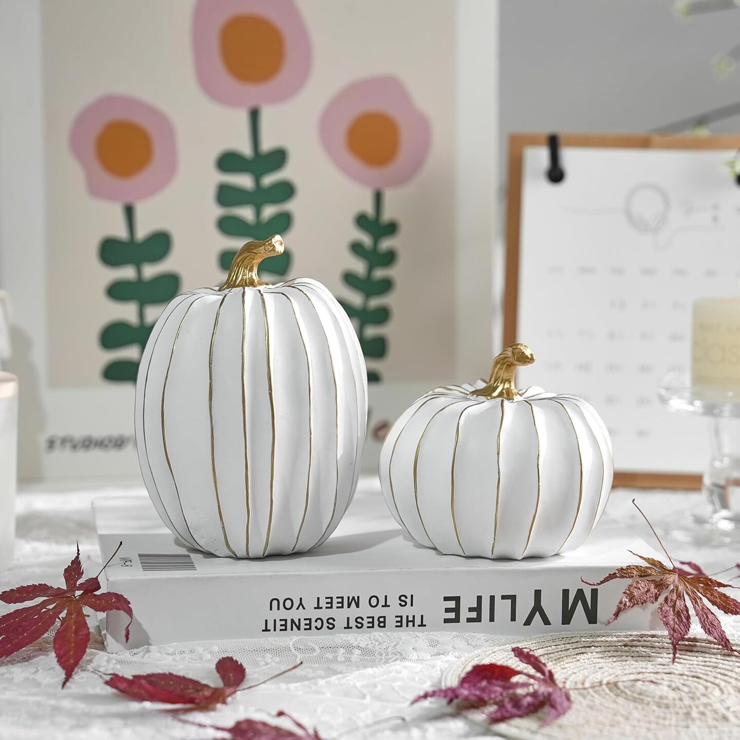 White and Gold Fall Pumpkin Decor - Set of 2