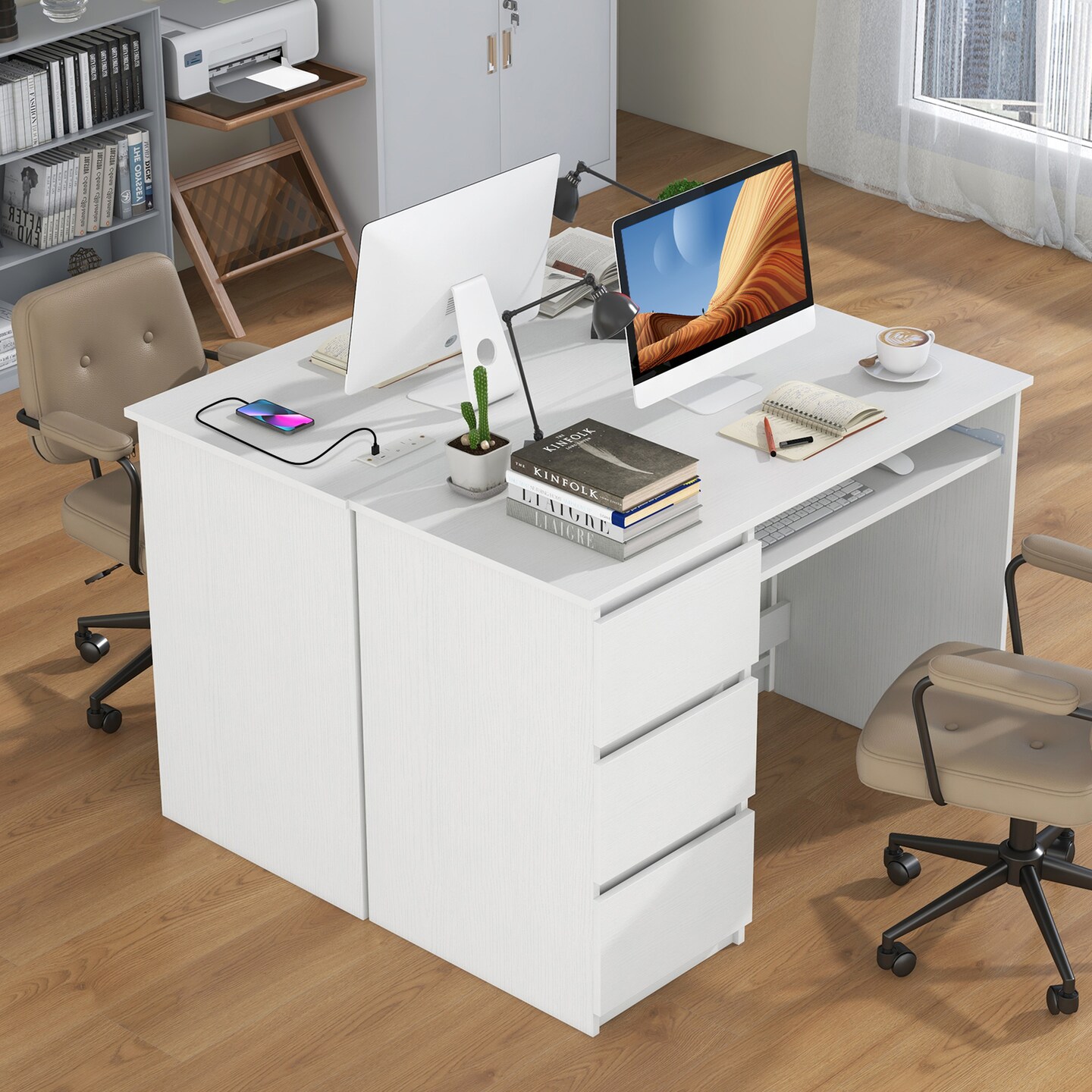 Costway Computer Desk with Power Outlet Keyboard Tray & 3 Large Drawers Type-C & USB Ports White/Natural
