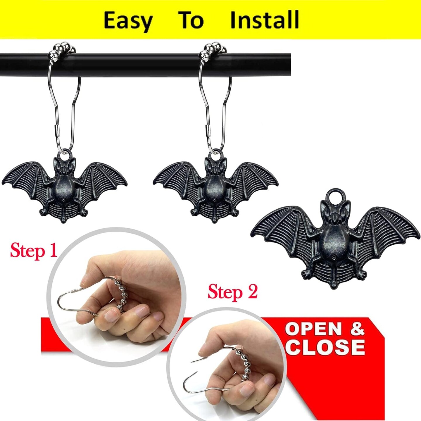 Set of 12 Bats Shower Curtain Hooks Haunted House Decor