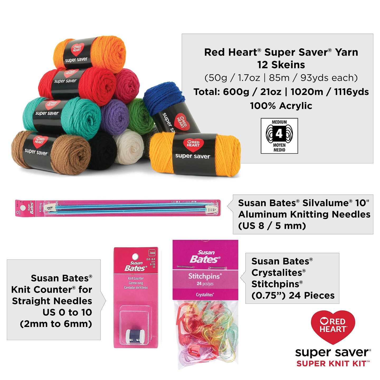 Red Heart Super Saver Super Yarn Kit 10 pack-Knit W/Accessories