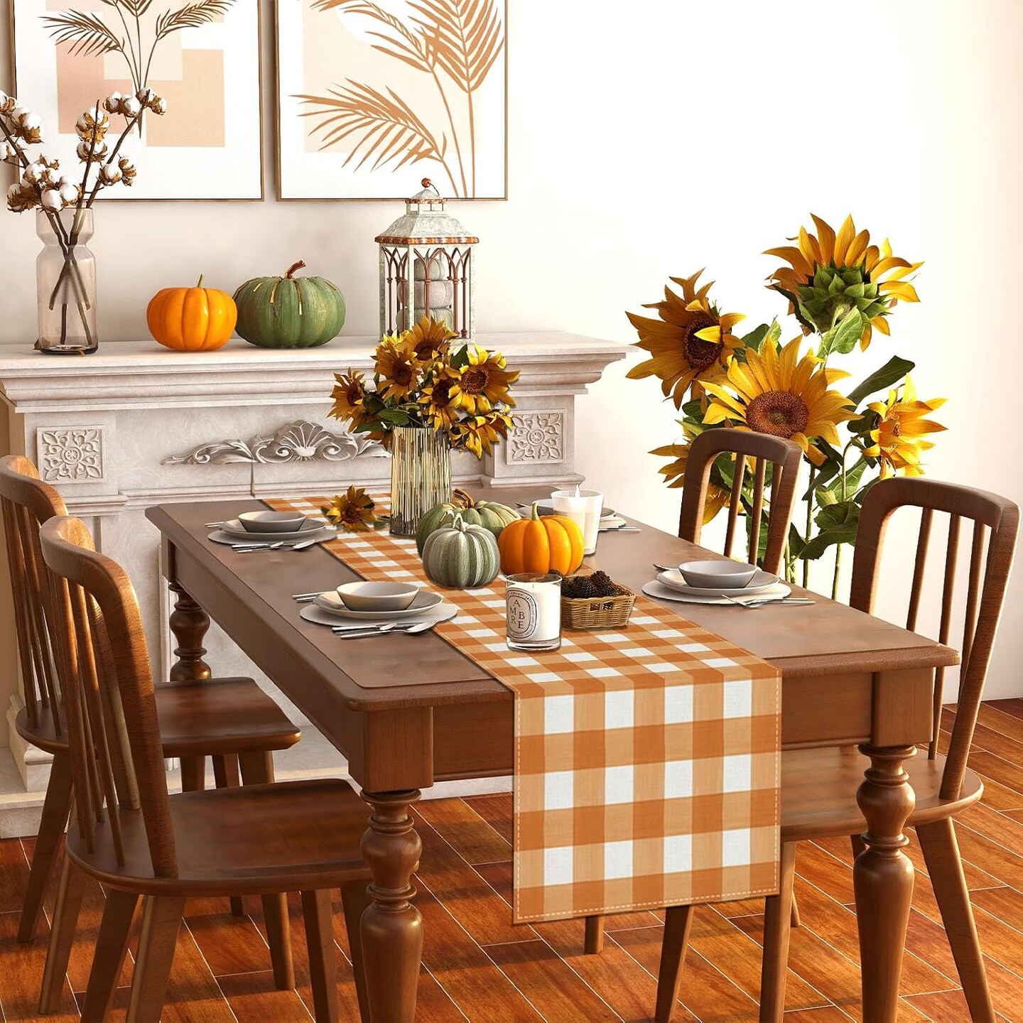 Linen Watercolor Black White Buffalo Check Plaid Table Runner (Orange and White) 13''×72