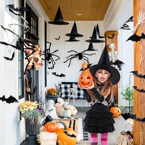 12pack Black Halloween Witch Hats with 3D Bats