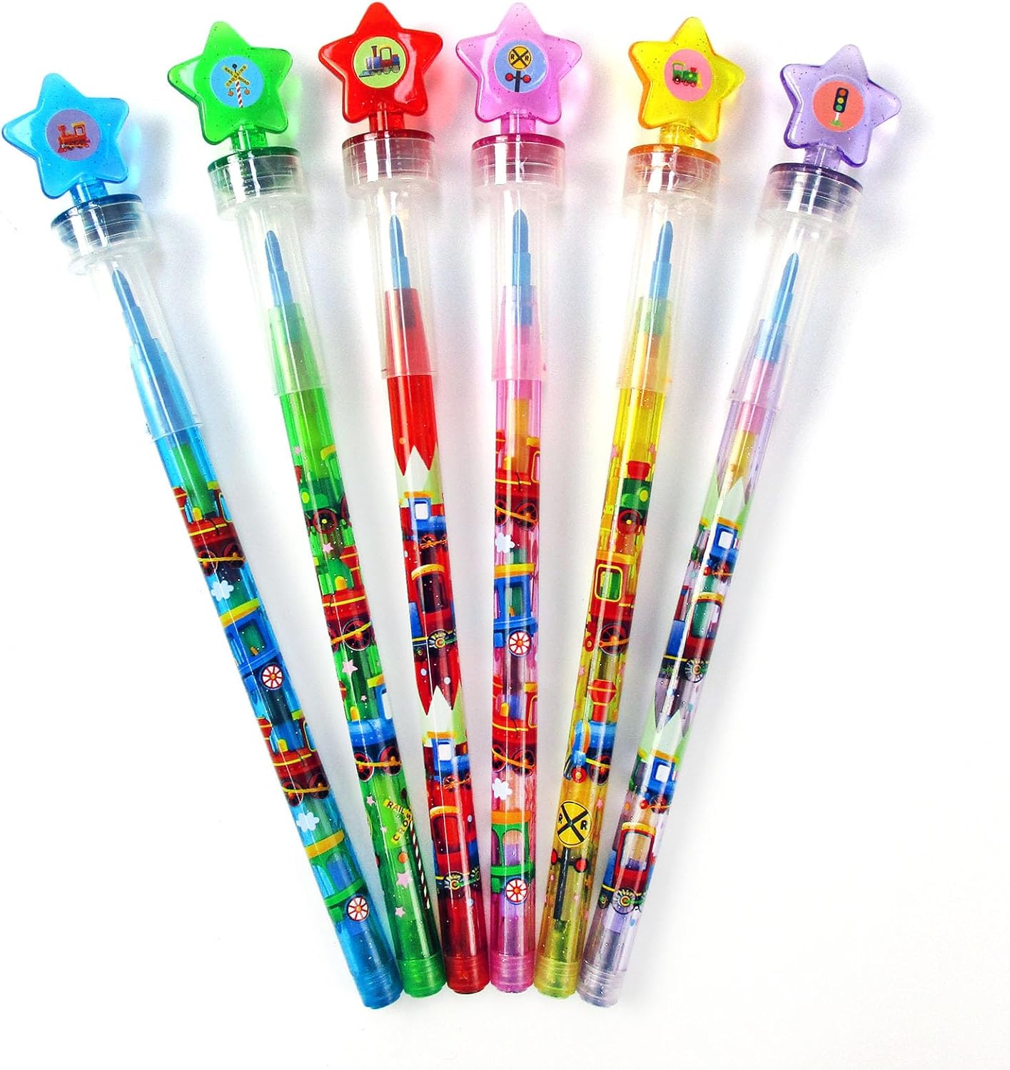 TINYMILLS 24 Pcs Train 2 in 1 Stacking Crayons with Stamp Topper