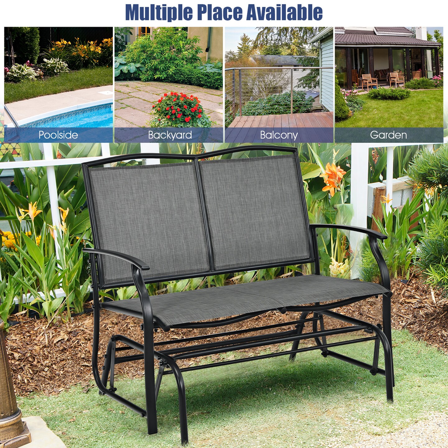 Costway Patio Glider Rocking Bench Double 2 Person Chair Loveseat Garden Grey\Black