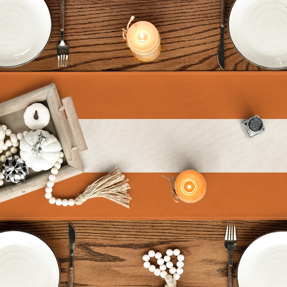 Orange White Stripes Fall Table Runner (Orange/White/Orange) 13x72 Inch