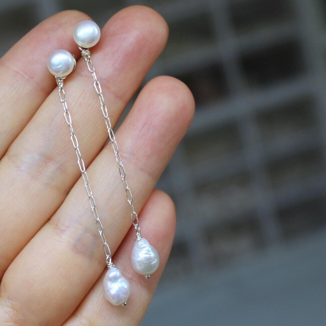 Two Way Natural Tiny Baroque Freshwater Pearl Drop earrings, Front