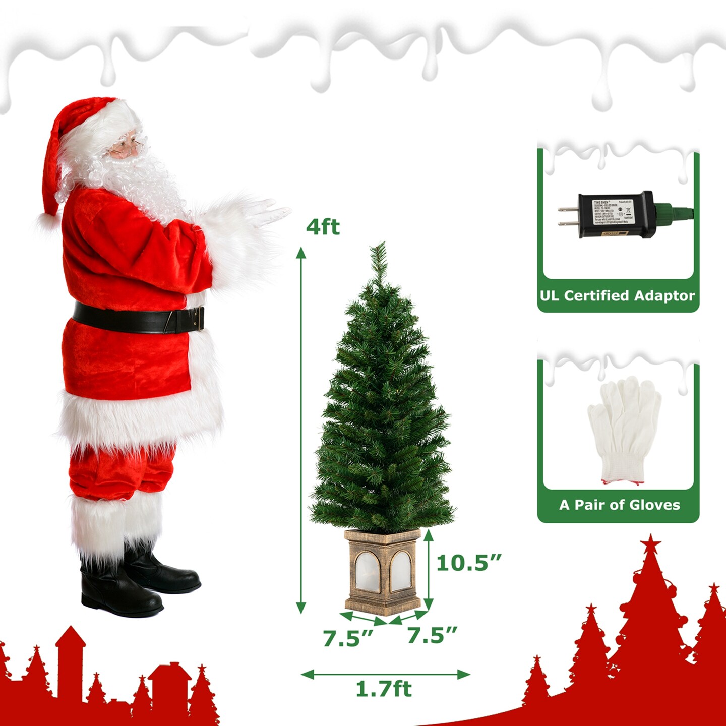 Costway 4 FT Pre-Lit Potted Christmas Tree Artificial Entrance Decor with 3 Lighting Modes