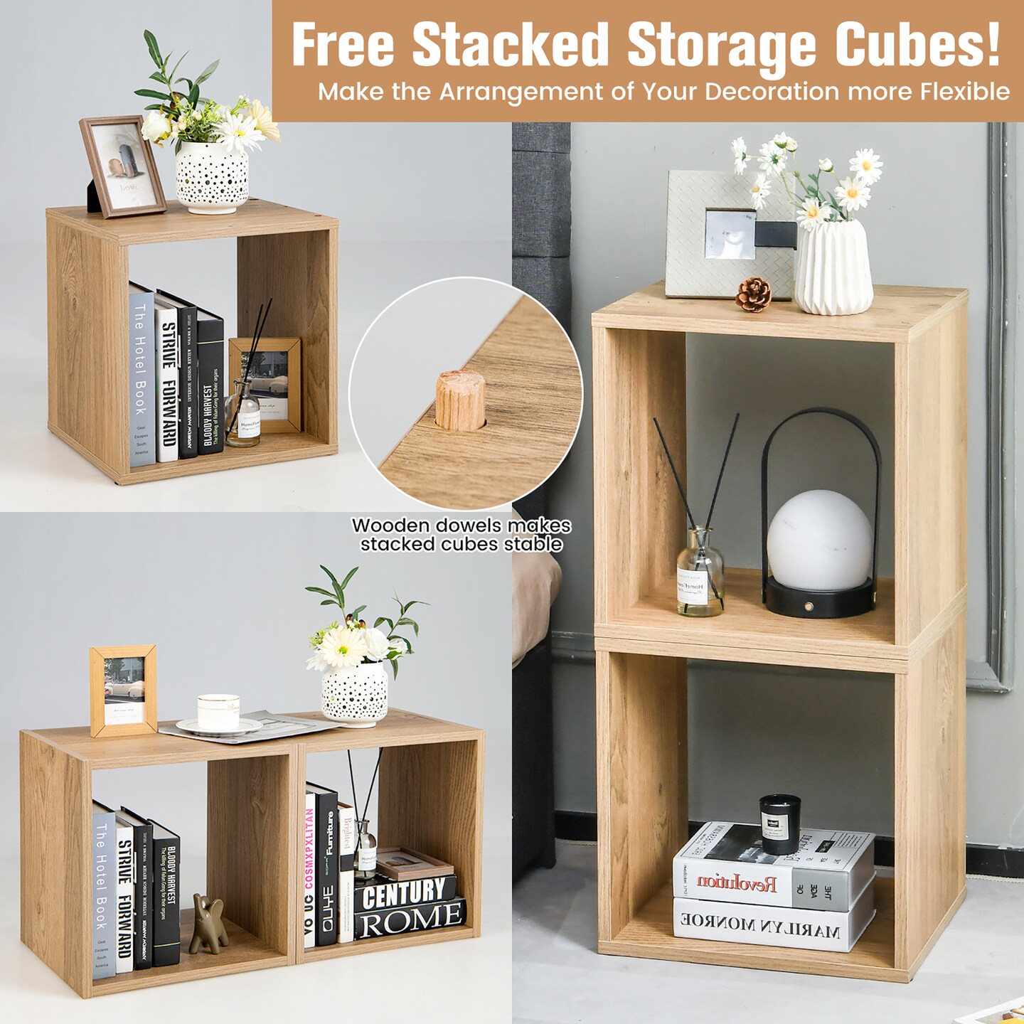 Costway 2PCS Stackable Storage Cube Free-standing Storage Organizer Bookcase for Bedroom White/Natural