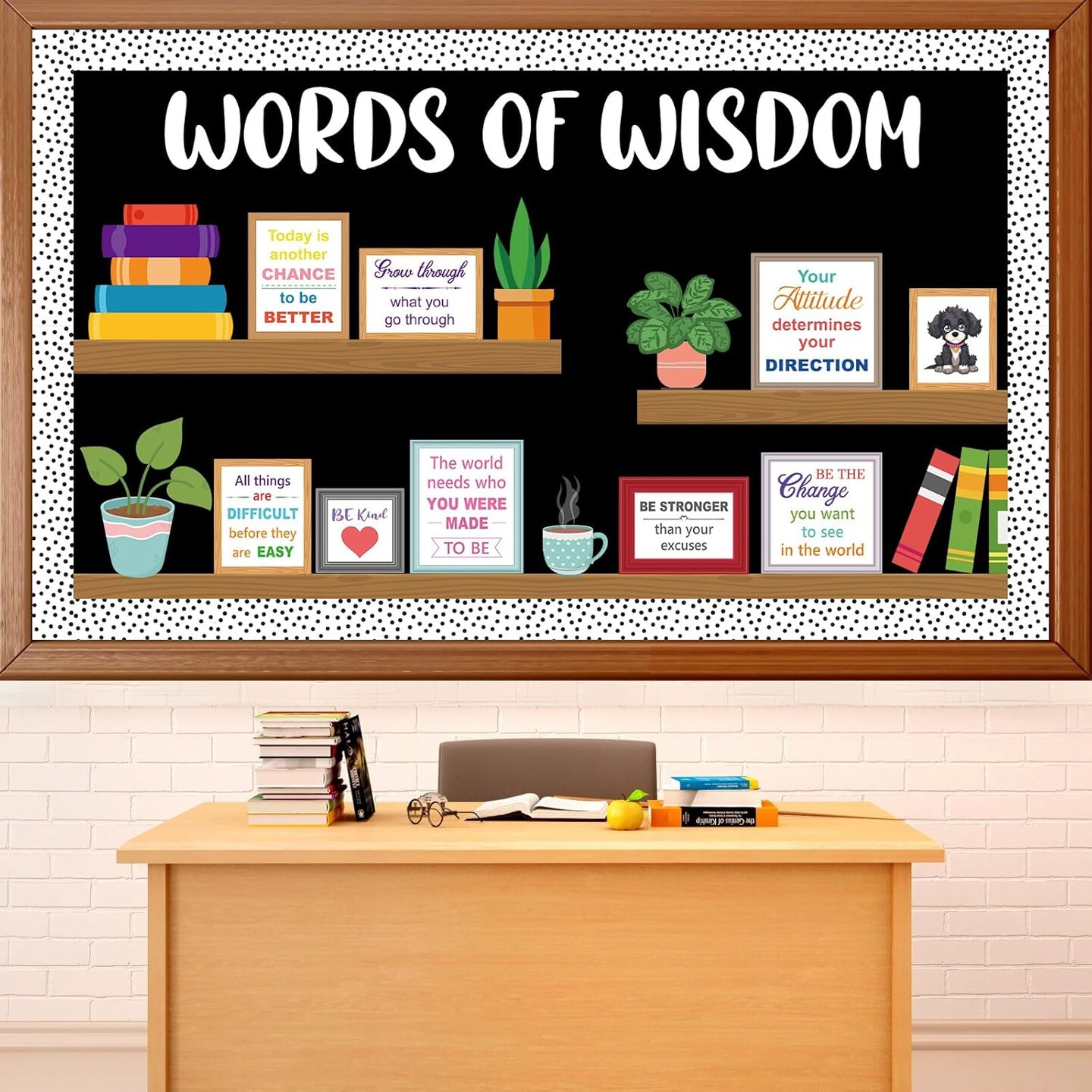 Motivational Bookshelf Bulletin Board Set - Words of Wisdom Classroom Decorations with Potted Plants & Inspirational Quotes - 34 Pcs Back to School Decor for Teachers, Library & Office Wall