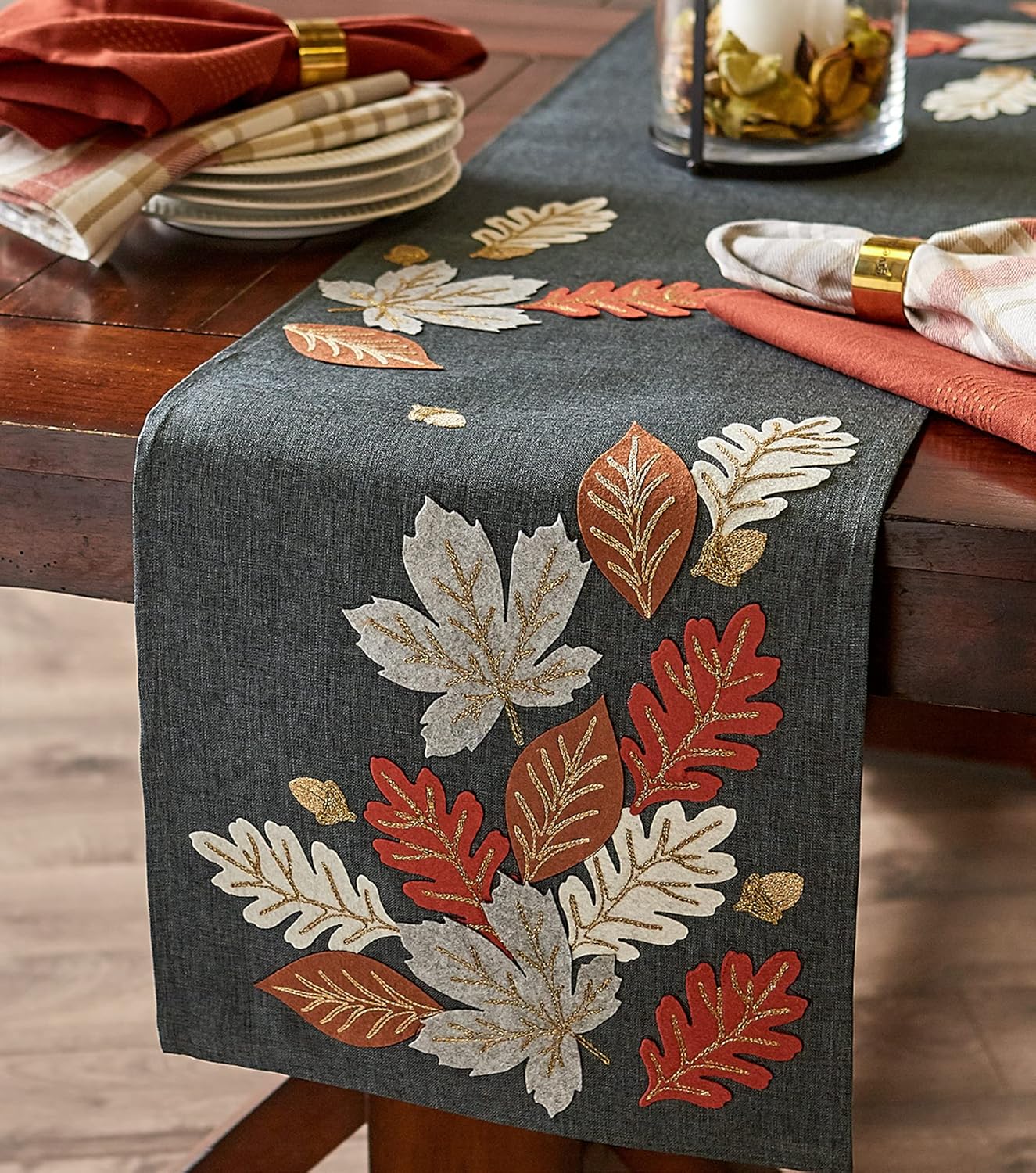 Table Runner Embroidered Autumn Leaves