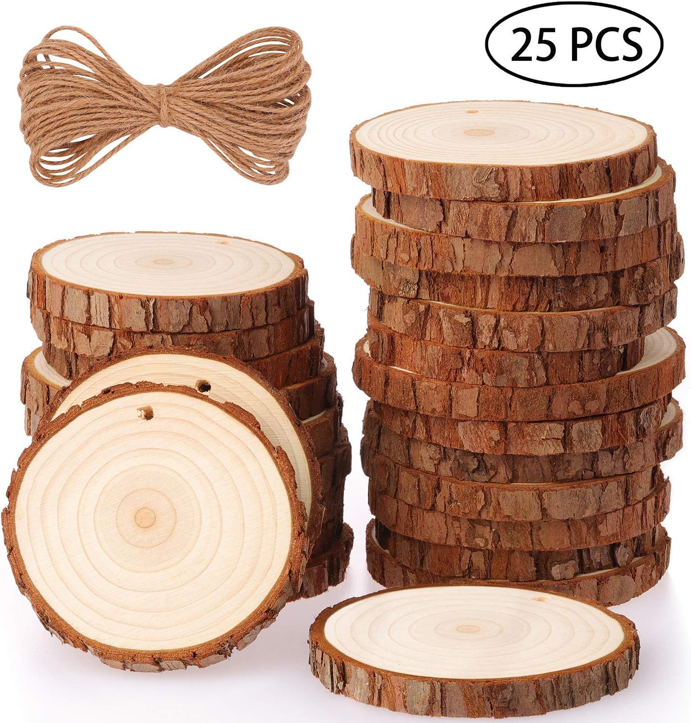 25PCS Predrilled Tree Wood Rounds &#x2013; 3.1&#x2013;3.5&#x22; Natural Unfinished Slices for Crafts, DIY &#x26; Holiday Ornaments
