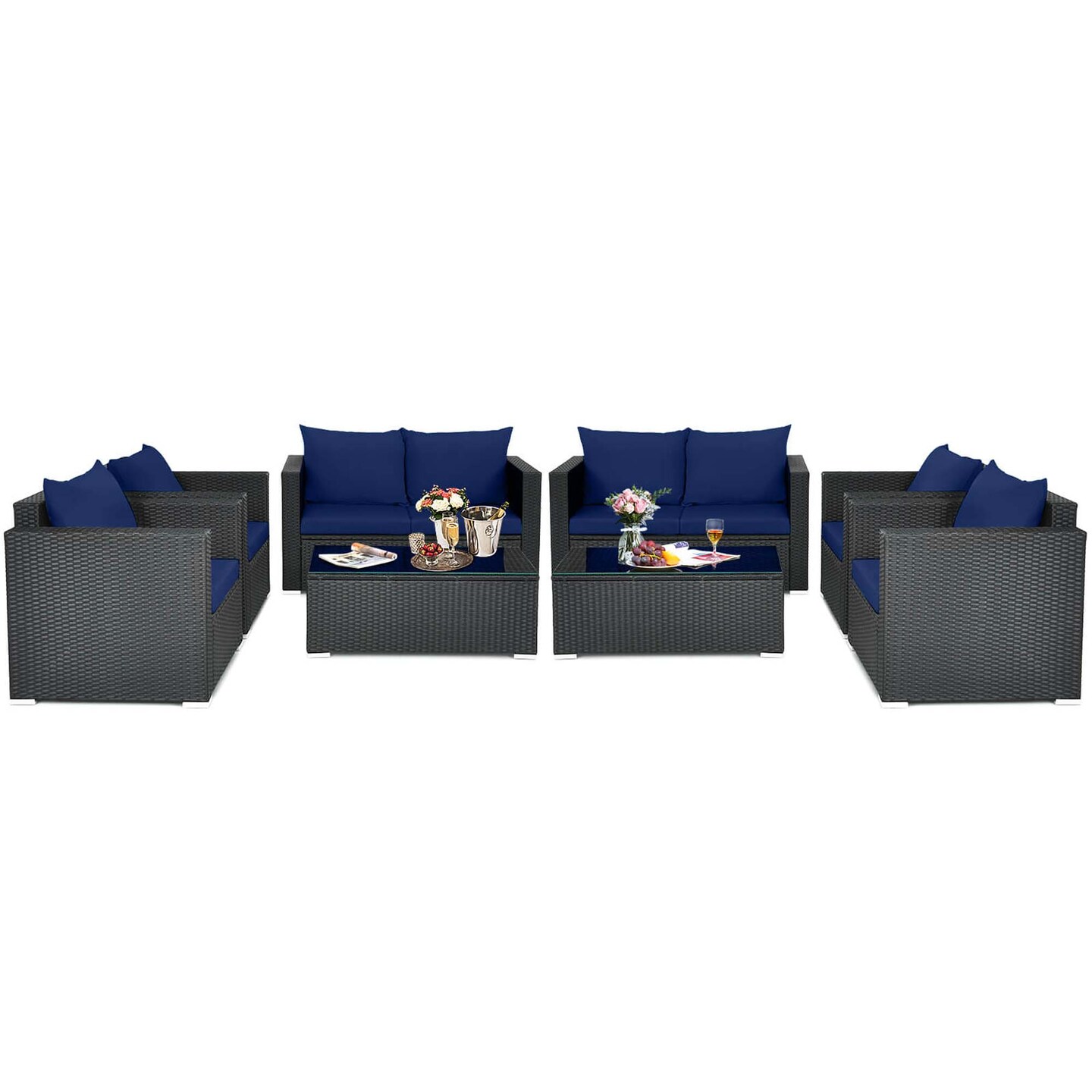 Costway 8 PCS Patio Rattan Furniture Set Cushioned Sofa Chair Coffee Table Blue