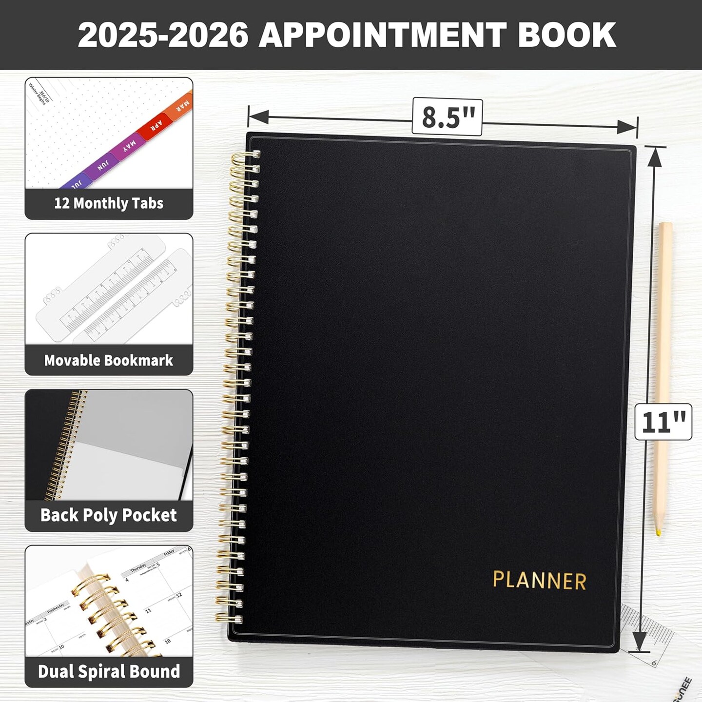 2025-2026 Appointment Book Planner - 8.5&#x22;x11&#x22; (Minimalist Black)